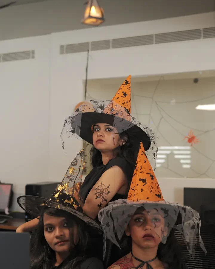 Halloween party with friends in creative costumes